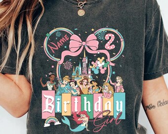 Custom Disney Princess Birthday Girl T-Shirt, Princess Coquette Bow Tee, Ariel Belle Rapunzel Tee, Disney Princess shirt, Birthday Girl Gift