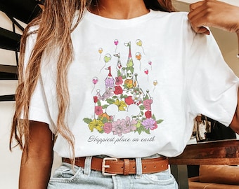 Vintage Happiest Place On Earth Floral Castle Shirt, Disney Mickey Balloons Magic Kingdom Princess Tee, Disneyland Family Trip Matching