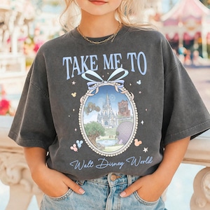 Retro Take Me To Walt Disney World Watercolor Coquette Bow, T-Shirt, Cinderella’s Castle Shirt, Disney World Trip Tee, WDW Four Parks Gift image 1