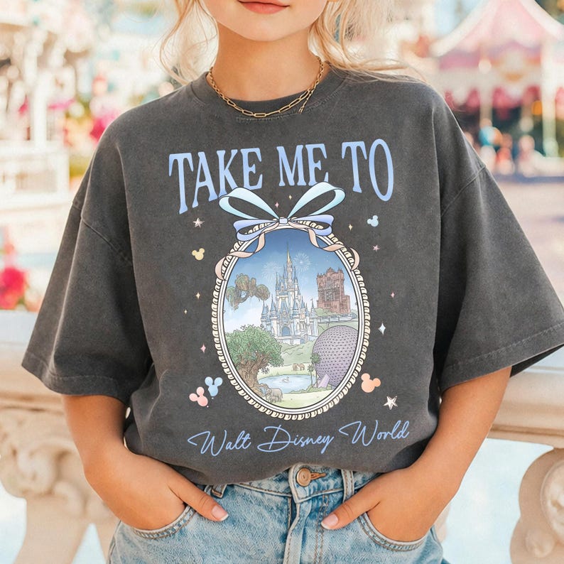 Retro Take Me To Walt Disney World Watercolor Coquette Bow, T-Shirt, Cinderella’s Castle Shirt, Disney World Trip Tee, WDW Four Parks Gift image 1