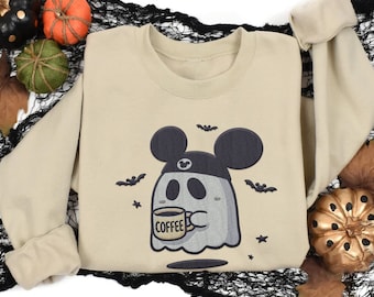 Embroidered Cute Disney Ghost Coffee Sweatshirt, Disney Fall Halloween Ghost Embroidery Sweater, Disneyland Spooky Season, Family Vacation
