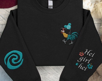 Embroidered Hei Girl Hei Sweatshirt, Retro  Moana Hei Hei Chicken Embroidery Sweater, 2024 Family Vacation, Magic Kingdom Outfit