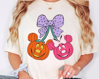 Funny Mickey Minnie Pumpkin Coquette Bow T-Shirt, Mickey And Minnie Halloween Shirt, Disney Spooky Season Tee, Mickey's Not So Scary Party