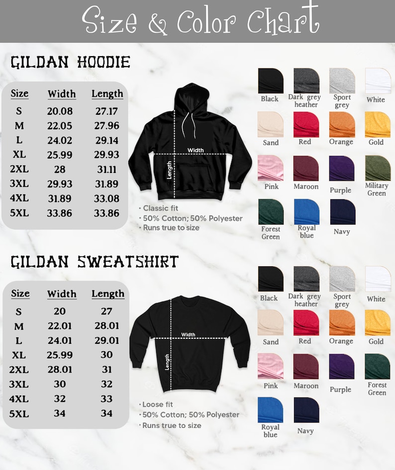 Op de afbeelding: Maattabel voor Gildan hoodies en sweatshirts. De tabel toont de breedte- en lengtemaat in inches voor maten S tot en met 5XL. De tabel bevat ook een kleurenkaart met verschillende kleuren, waaronder zwart, donkergrijs melange, sportgrijs, wit, zand, rood, oranje, goud, roze, bordeauxrood, paars, legergroen, bosgroen, koninklijkblauw en marineblauw.