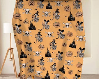 Retro Mickey Skeleton Fantasia Halloween Blanket, Disney Fantasia Home Decor, Trick Or Treat Fleece Blanket, Spooky Disney Castle Blanket