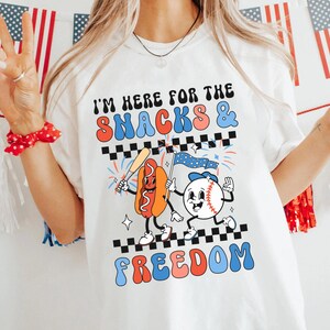 I'm Just Here For The Snacks And Freedom Vintage Cartoon Hotdog Baseball Comfort Colors T-shirt, Funny 4th of July Shirt, Independence Day