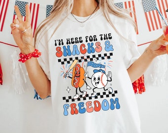 I'm Just Here For The Snacks And Freedom Vintage Cartoon Hotdog Baseball Comfort Colors T-shirt, Funny 4th of July Shirt, Independence Day
