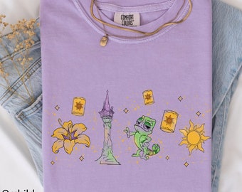 Disney Tangled Pascal Tower Lantern Comfort Colors T-Shirt, Minimalist Rapunzel Princess Tee, Magic Kingdom, Family Vacation Shirt