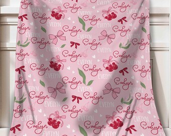Custom Mickey Mouse Boho Cherry Coquette Bow Fleece Blanket, Disney Mickey Fleece Blanket, Cute Magic Kingdom Bedding, Disney Home Deco