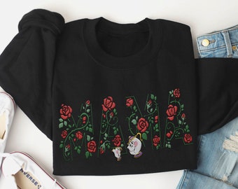 Custom Embroidered Chip And Mrs. Potts Mama Floral Flower Sweatshirt, Beauty and the Beast  Mom Shirt, Personalized Mother's Day Gift