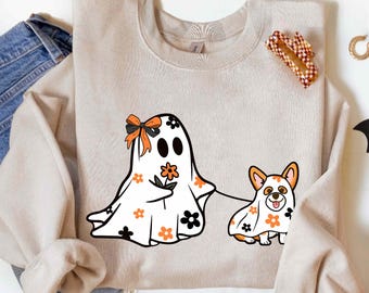 Cute Ghost With Corgi Boo Halloween Coquette Bow Comfort Colors Shirt, Floral Halloween Ghost, Trick Or Treat, Halloween Gift For Dog Lover
