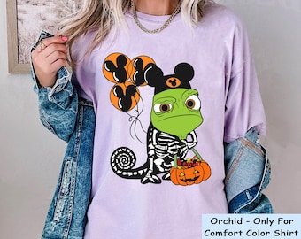 Tangled Pascal Skeleton Costume with Halloween Balloon Pumpkin Comfort Colors Shirt, Disney Halloween Party Shirt, Disneyland Spooky Season