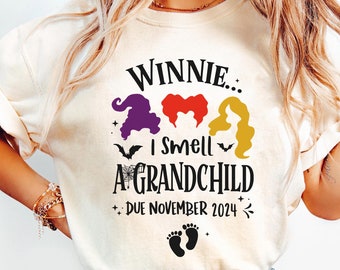 Custom Date Winnie Sanderson I Smell A Grandchild Comfort Colors Shirt, Hocus Pocus Disney Halloween Gift For New Grandma, Pregnancy Reveal