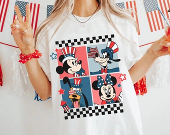 Mickey And Friends 4th Of July Checkered Comfort Colors T-shirt, Disney American Flag Shirt, Patriotic Gift, Disneyland Independence Day