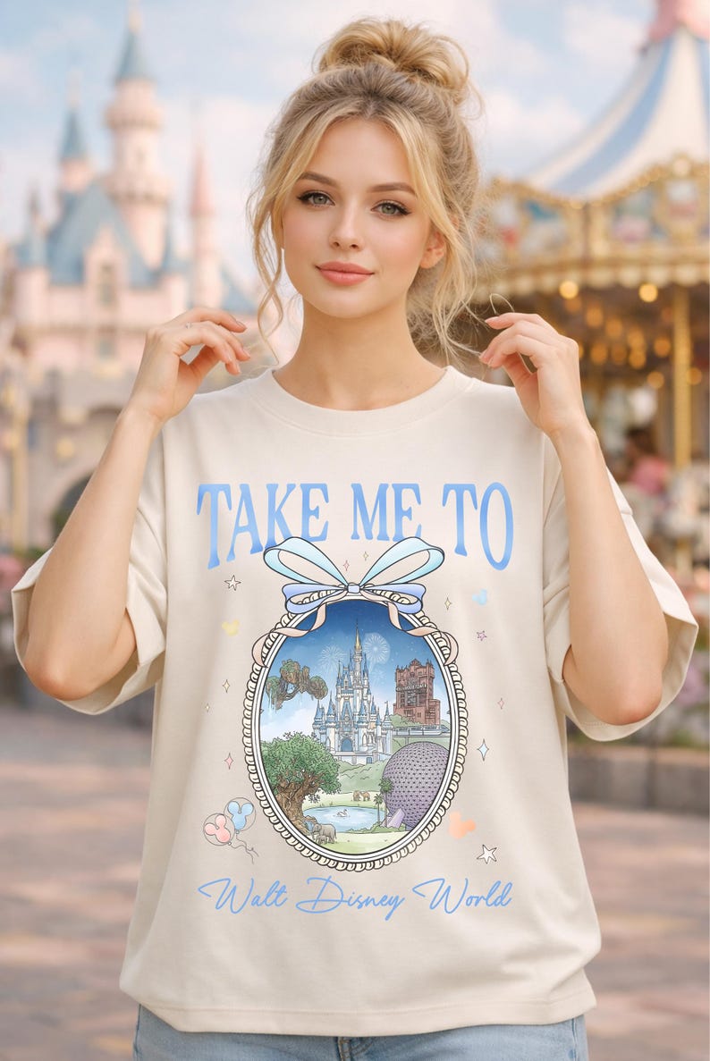 Retro Take Me To Walt Disney World Watercolor Coquette Bow, T-Shirt, Cinderella’s Castle Shirt, Disney World Trip Tee, WDW Four Parks Gift image 11