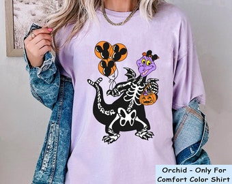 Figment Dragon Skeleton Costume with Halloween Balloon Pumpkin Comfort Colors Shirt, Epcot Disney Halloween Shirt, Disneyland Spooky Season