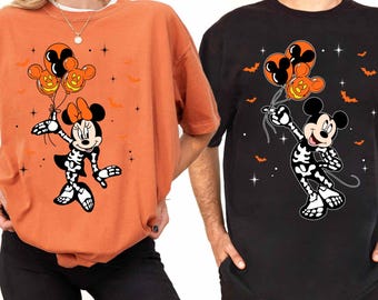 Mickey and Minnie Skeleton Costume Halloween Balloon Comfort Colors Shirt, Disney Halloween Couple Matching Tee, Disneyland Spooky Season