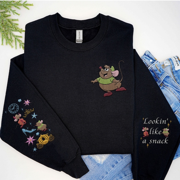 Embroidered Jaq And Gus Mouse Lookin' Like A Snack Sweatshirt, Retro Disney Cinderella Embroidery Sweater, Disneyland Trip, Magic Kingdom