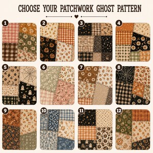 K&ouml;nnte beinhalten: Ein Raster aus zw&ouml;lf quadratischen Patchwork-Stoffmustern, nummeriert von 1 bis 12, mit verschiedenen Mustern wie Blumenprints, Vichy-Karo, Spinnennetzen und Geistermotiven in herbstlichen Farben wie Orange, Braun, Schwarz und Creme.