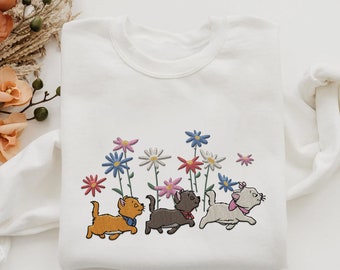 Embroidered Marie Berlioz Toulouse Floral Flower Sweatshirt,  The Aristocats Embroidery Sweater, 2024 Family Trip, Magic Kingdom