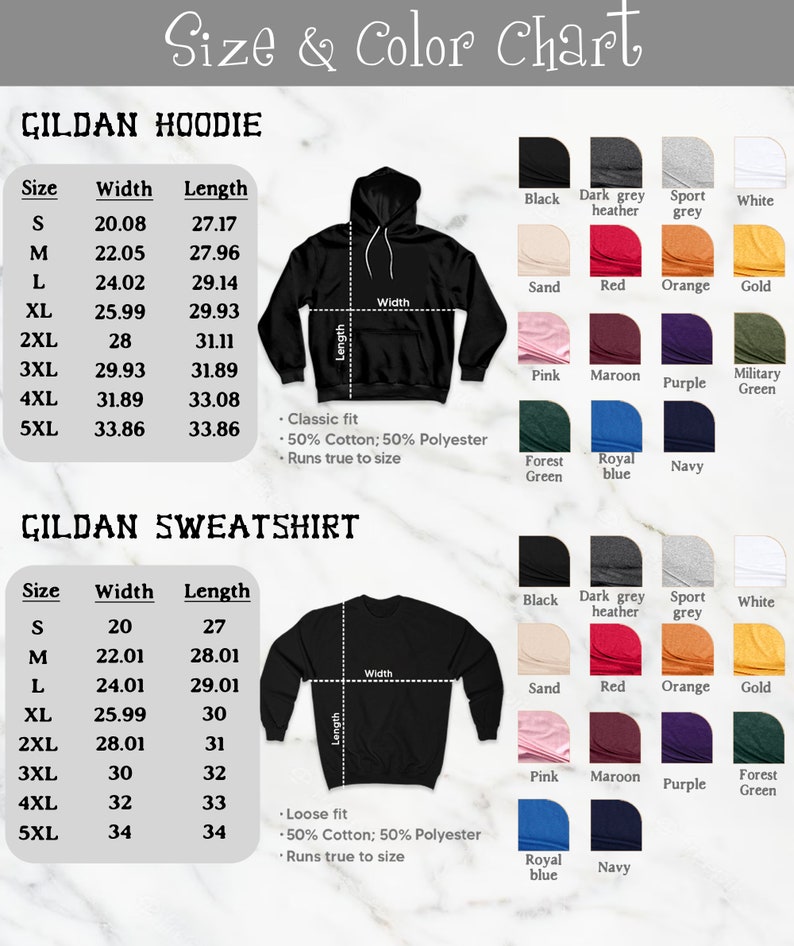 K&ouml;nnte beinhalten: Gr&ouml;&szlig;en- und Farbtabelle f&uuml;r Gildan Hoodies und Sweatshirts. Die Tabelle zeigt die Ma&szlig;e in Zoll f&uuml;r die Gr&ouml;&szlig;en S bis 5XL. Farboptionen sind Schwarz, Dunkelgrau meliert, Sportgrau, Wei&szlig;, Sand, Rot, Orange, Gold, Pink, Bordeaux, Lila, Milit&auml;rgr&uuml;n, Waldgr&uuml;n, Royalblau und Marine.