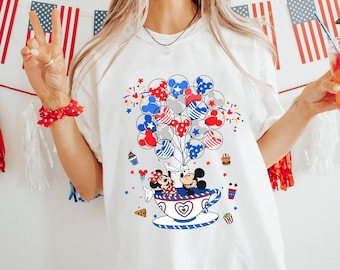 Mickey Minnie Mouse Patriotic Balloon Tea Cup Comfort Colors Shirt, 4Th Of July Disney Couple T-shirt, Disneyland America Independence Day