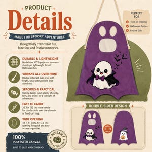 K&ouml;nnte beinhalten: Eine violette, geisterf&ouml;rmige Tasche aus Polyester-Canvas mit Kordelgriff. Die Vorderseite zeigt einen Geist mit Fliege und Flederm&auml;usen. Die R&uuml;ckseite zeigt einen Geist mit Hexenhut und K&uuml;rbis. Text beinhaltet Product Details und 100% Polyester Canvas.