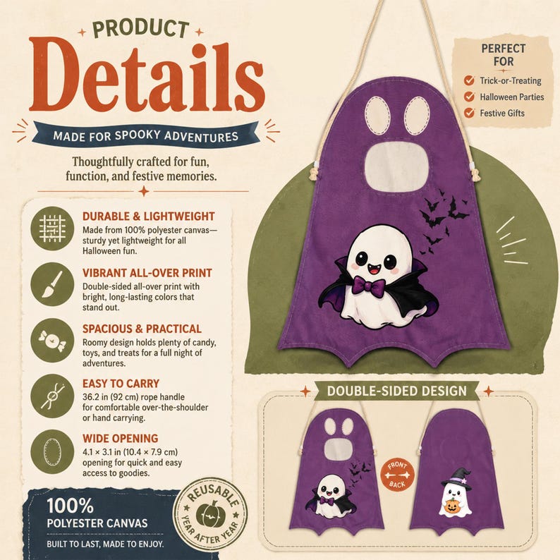K&ouml;nnte beinhalten: Eine violette, geisterf&ouml;rmige Tasche aus Polyester-Canvas mit Kordelgriff. Die Vorderseite zeigt einen Geist mit Fliege und Flederm&auml;usen. Die R&uuml;ckseite zeigt einen Geist mit Hexenhut und K&uuml;rbis. Text beinhaltet Product Details und 100% Polyester Canvas.