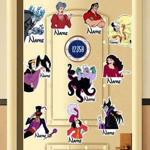 May include: A collection of cartoon character stickers featuring various Disney villains. Each sticker has a character image with the word "Name" below. The stickers are arranged on a light-colored door, with a circular address plaque.