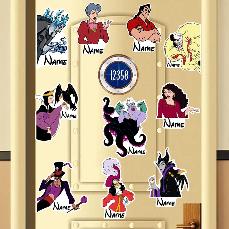 May include: A collection of cartoon character stickers featuring various Disney villains. Each sticker has a character image with the word "Name" below. The stickers are arranged on a light-colored door, with a circular address plaque.