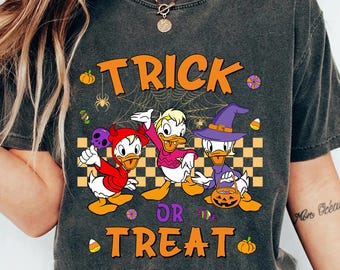 Retro April May June Trick Or Treat Halloween T-Shirt, Duck Sisters Candy Checked Tee, Disney Halloween Tee, Disney Ducktales Sisters Shirt