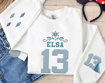 Embroidered Disney Elsa sweatshirt, Frozen Princess 13 Crewneck, Arendelle Pullover Gift, Cute Elsa Matching Shirt, Disney Girl Family Trip
