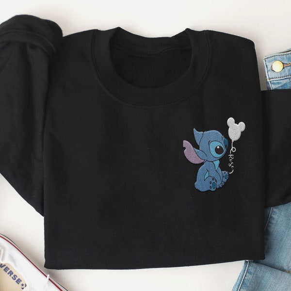 Custom Embroidered Stitch With Mickey Balloon Sweatshirt,  Lilo and Stitch Embroidery Sweater, 2024 Matching Family Vacation