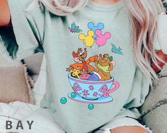 Jaq Gus Blue Bird Mad Tea Party Comfort Colors Shirt, Mickey Balloon Tee, Vintage Disney Cinderella Mouse T-shirt, Disneyland Family Trip