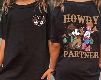 Two-Sided Disney Mickey and Friends Howdy Partner T-shirt, Mickey & Minnie Cowboy Cowgirl Heart Shirt, Gift for Him Her, Disneyland Trip Tee
