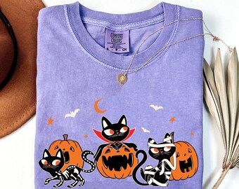 Black Cat Vampire Mummy Skeleton Halloween Costume Comfort Colors Shirt, Cat With Pumpkin Halloween Shirt, Spooky Season Gift For Cat Lover