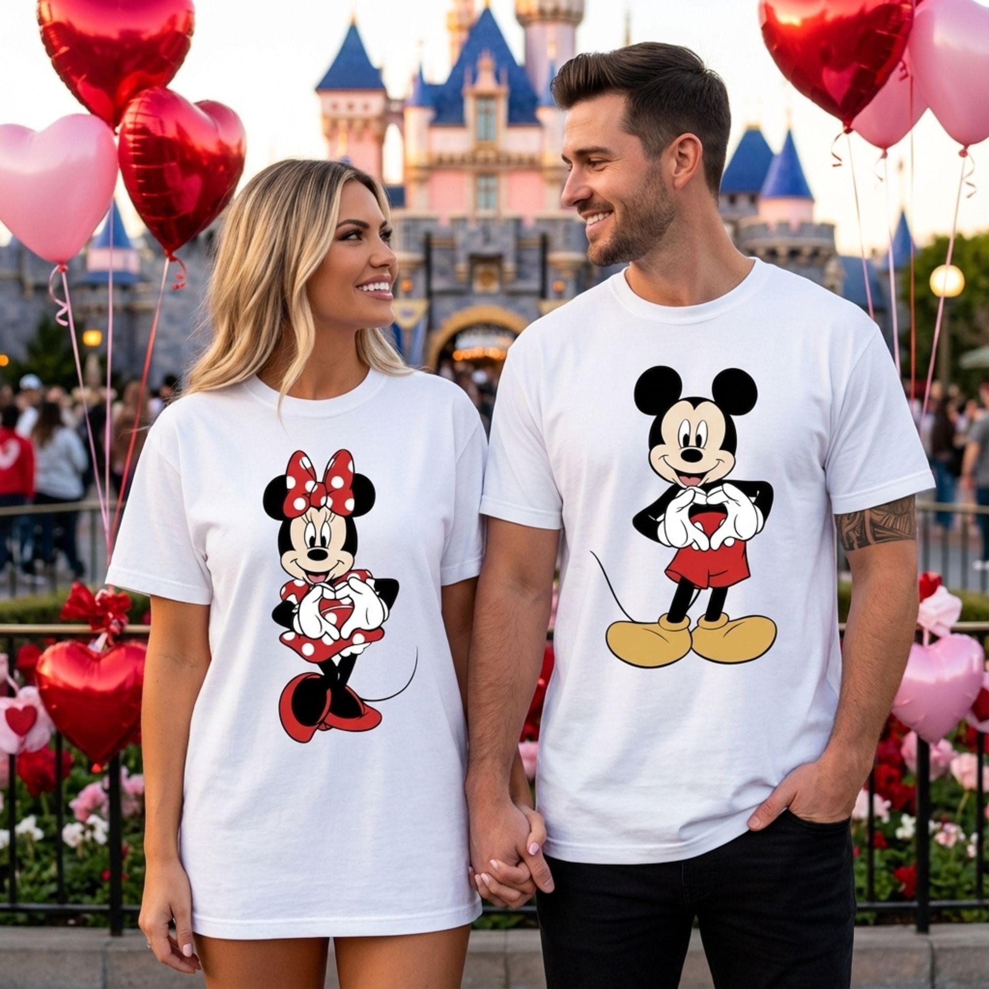 Vintage Mickey Minnie Mouse Heart Hands Couple Matching Shirt