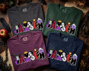 Aangepaste naam schurken comfort kleur shirt, Cruella Ursula Maleficent Evil Queen, gepersonaliseerd T-shirt meisjes, reis 2026