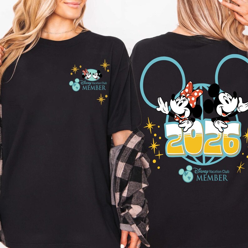 May include: Black t-shirt with Mickey and Minnie Mouse graphics and the text "2020" and "Disney Vacation Club MEMBER". The front has a small Mickey and Minnie Mouse design. The back features a large Mickey Mouse head outline.