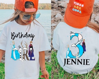Custom Birthday Boy Girl Frozen Themed Comfort Colors Kid Shirt, Elsa Anna Olaf, Personalized  Birthday Two Sided Tee, 2024 Trip