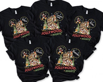 Custom Name Mickey Friends Jollywood Night Family Matching Shirt, Personalized Hollywood Studios Holiday T-shirt, Disney Christmas Party