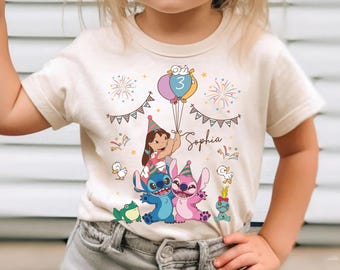 Custom Disney Angel and Stitch Birthday Shirt, Pink Stitch, Ohana Tee, Kawaii Angel Gift, Cute Alien Couple, Family Matching Shirt