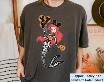 Ariel Princess Skeleton Costume Comfort Colors T-shirt, The Little Mermaid Disney Fall Halloween Girl Shirt, Disneyland Spooky Season Trip