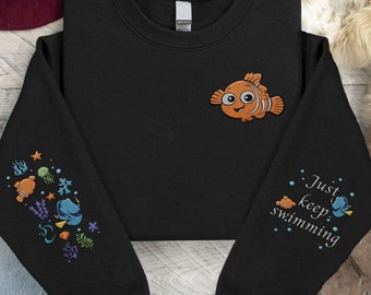 Embroidered Finding Nemo And Dory Just Keep Swimming Sweatshirt, Retro  Embroidery Sweater, 2024 Family Vacation, Magic Kingdom
