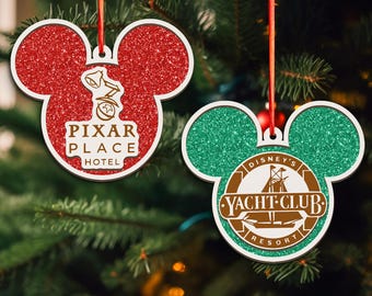 Disney Inspired Logo Christmas Glitter Wood Ornament, Disney Mickey Head Inspired Logo Keepsake, Disney Christmas Tree Home Decoration