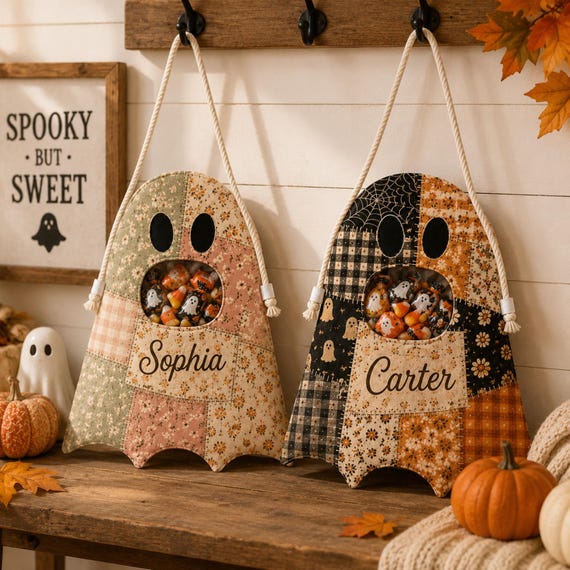 Custom Name Trick Or Treat Patchwork Ghost Print Bucket Bag, Personalized Ghost Halloween Candy Bag, Kid Halloween Bag, Fall Season Gift