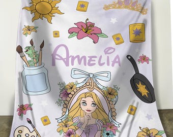 Custom Rapunzel Tangled Watercolor Coquette Bows Blanket, Tangled Floral Sun Lantern Blanket, Disney Princess Home Decor, Rapunzel Bedding