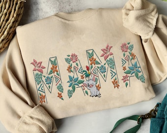 Custom Embroidered Pua And Hei Hei Mama Floral Flower Sweatshirt,  Moana Princess Mom Sweater, Cute Mother's Day Gift, 2024 Trip