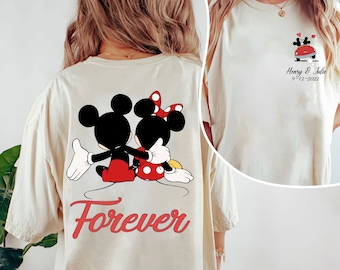 Custom Name Date Mickey And Minnie Love Comfort Colors Shirt, Two Sided Disney Couple Valentine's Day T-shirt, Disneyland Trip Matching