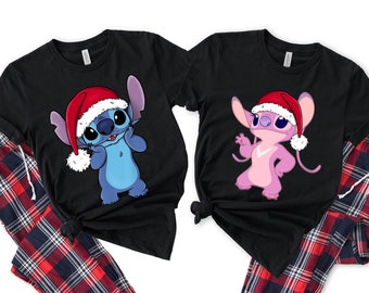 Santa Hat Stitch And Angel Portrait Christmas Couple Matching Shirt, Lilo And Stitch Disney Xmas Tee, Mickey's Very Merry Christmas Party